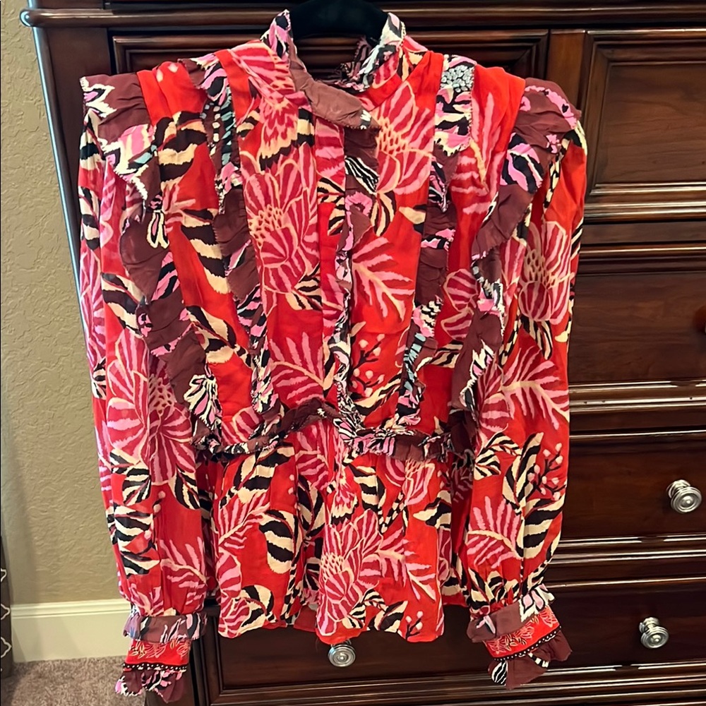FARM Rio Red Ruffled Long Sleeve Blouse